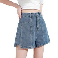 夏季简约百搭女款纯色高腰拼接设计休闲牛仔短裤