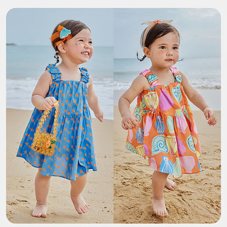 迷你巴拉 MINI BALA 巴拉女童宝宝亲肤柔软透气纯棉甜美吊带连衣裙2025夏季 黄蓝色调00338 90