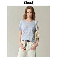 E·LAND 衣恋 U领棉麻混纺短袖T恤 藏青色 L/170