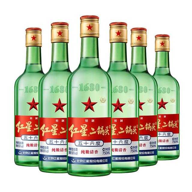 红星 二锅头 绿瓶大二 56度 清香型白酒 750mL 6瓶 整箱装