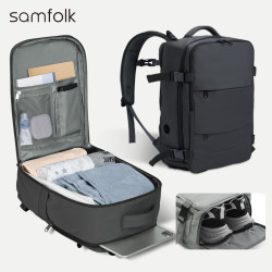 Samfolk 双肩包大容量旅行背包 登机免托运 电脑包商务出差书包男女球拍包 黑色
