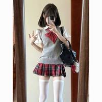 学院风刺绣V领背心马甲叠穿基础款衬衫短袖JK制服学院风套装