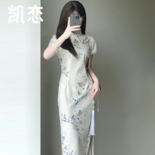 凯恋复古印花改良旗袍年轻款女夏季新修身显瘦中式国风简约连衣裙P138 蓝色 M