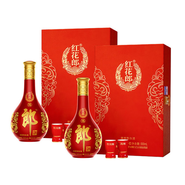 淘金币可用、今日必买：郎酒 红花郎15 53度 酱香型白酒 500mL*4瓶 礼盒