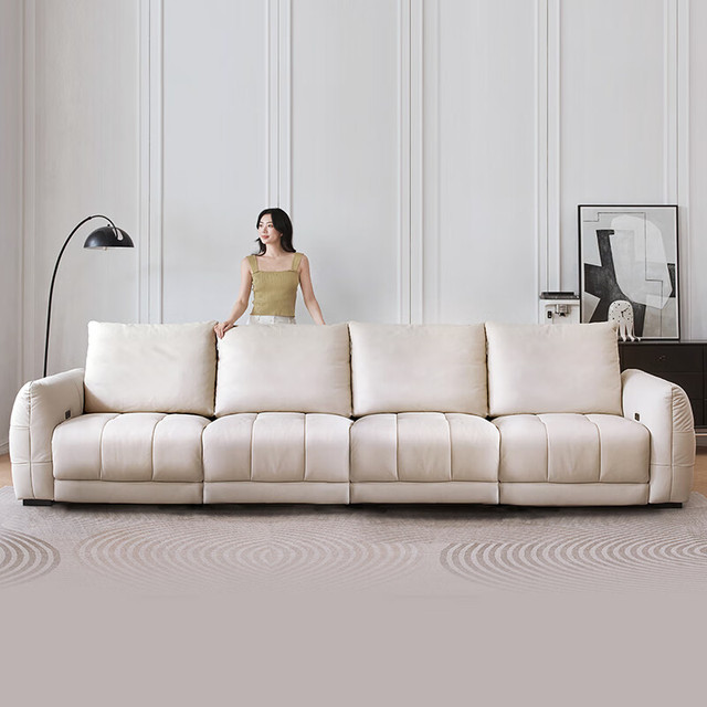 京东京造 0靠墙大黑牛真皮沙发  头层牛皮鹅绒填充大坐深3.1米白色 羽绒白