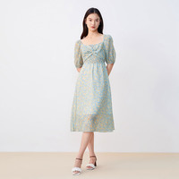 VEROMODA连衣裙花朵纹理感方领高腰有内衬 C42宁冷蓝色 165/84A/M