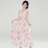 雪纺碎花连衣裙女2024夏季高级感荷叶边收腰显瘦度假长裙女