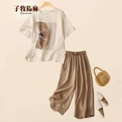子牧棉麻 夏装 女复古薄款两件套9469 麻色上衣+卡裤 L (建议115-125斤)