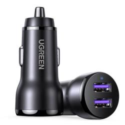 绿联 车载充电器 30W点烟器一拖二双USB口快充转换器插头