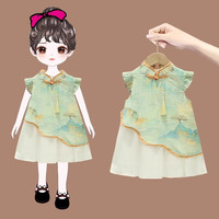 La Chapelle拉夏贝尔女童连衣裙夏季新款雪里江山旗袍裙小女孩新中式复古裙子 浅蓝 90 建议身高80-90cm
