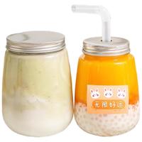 瓷语本色(CYCIYUBENSE)奶茶杯子一次性带盖家用可重复循环使用自制饮料饮品杨枝甘露瓶子 【带孔盖】胖胖瓶+弯吸管5只 360ml