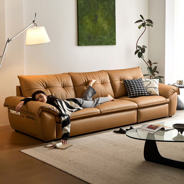 林氏家居 木业意式复古真皮沙发客厅2025头层牛皮沙发PS731 3.19米|茶糖色|加厚头层牛皮