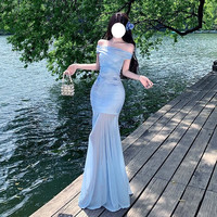 桂岐 连衣裙夏天女2025年新款纯欲抹胸法式气质度假斜肩氛围感包臀长裙 蓝色罩衫+抹胸裙