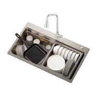 摩恩水槽大单槽厨房洗菜盆洗碗槽一体盆洗碗池火烧石压纹纳米水槽套装 手工纳米压纹银76*46+三出水龙头