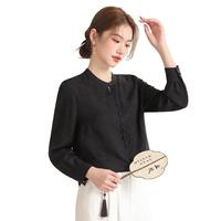 千柏年中式复古立领桑蚕丝衬衫柔软质感提花上衣女神秘黑M M 100-110斤
