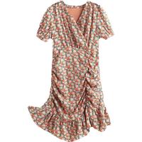 帕罗(PALUOPO)碎花连衣裙显瘦V领收腰法式通勤中长款荷叶边鱼尾裙茶歇裙 花橘色 L (165/88A)