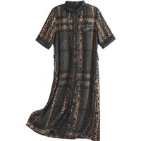 帕罗(PALUOPO)连衣裙女装豹纹印花真丝中长款夏季A字衬衫桑蚕丝裙子 黑色 L (165/88A)