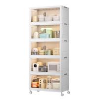 KAMAN厨房置物架家用可折叠收纳柜落地式多层储物柜微波炉收纳橱柜碗柜 茶色45cm宽【升级加厚】 5层【可折叠/双开门】带轮