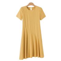 晚白【直降】亚麻A摆裙纯色百搭休闲减龄短袖连衣裙 黄色 XL