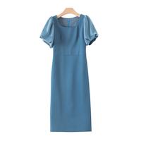 晚白【直降】时尚简约裙子休闲气质方领泡泡袖淑女连衣裙 蓝色 L