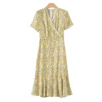 晚白【直降】休闲裙子气质V领碎花高腰连衣裙 花色 M