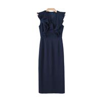 晚白【直降】时尚简约裙子休闲V领收腰花边领纯色无袖连衣裙 深蓝色 S