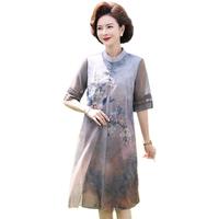 秋芙罗母亲节夏装国风连衣裙中老年人女装50岁60洋气裙子衣服 浅咖色 2XL 175/96A【105-115斤】