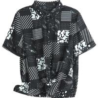 帕罗（PALUOPO）真丝印花衬衫女装休闲短袖袖线条叠影衬衣夏季桑蚕丝上装 黑色 2XL (175/96A)