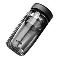 cille 希乐 双层玻璃杯 车载便携隔热带盖过滤网 500ml 本色