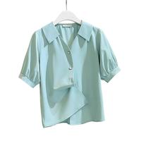 夏季清爽透气纯色女款翻领单排扣短袖雪纺衬衫