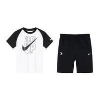 NIKE 3BRAND 耐克男女童纯棉短袖T恤+短裤2件套夏季拼色儿童短袖套装 正黑色 150 /72 【身高140-152cm】