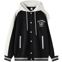 Semir森马外套女撞色宽松休闲2024春刺绣连帽夹克学院风 黑白色调00391 165/88A/L