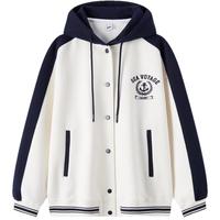 Semir森马外套女撞色宽松休闲2024春刺绣连帽夹克学院风 白蓝色调00318 160/84A/M