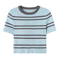 BASIC HOUSE/百家好条纹短款针织衫2024夏季百搭薄款女小衫 蓝色 S