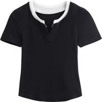 初语V领修身短袖T恤女2025夏季短款假两件撞色优可丝上衣 黑色 M