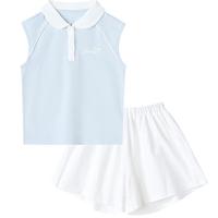 笛莎(DEESHA)童装女童套装2025夏季小女生运动风撞色polo短裤套装 清水蓝 6.21 90 清水蓝 5.10