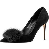 JOOC玖诗尖头高跟鞋女当季水貂毛名媛纯色气质细跟单鞋 罗马灰【跟高9CM】 35