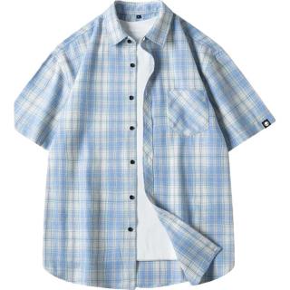 你好熊猫 衬衫男夏季短袖格子潮流复古翻领宽松休闲上衣男浅蓝3XL