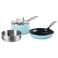 BLUE DIAMOND钻石陶瓷不粘奶锅 宝宝辅食锅早餐锅蒸笼三件套 煮奶煮面煮汤家用 提夫尼蓝3件套 16cm
