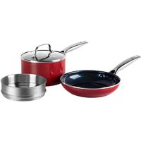 BLUE DIAMOND钻石陶瓷不粘奶锅 宝宝辅食锅早餐锅蒸笼三件套 煮奶煮面煮汤家用 奶锅+蒸笼+煎锅红色3件套 16cm