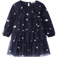 安奈儿（Annil）女童长袖连衣裙款浪漫网纱公主裙毛绒内里裙 蓝调花 150 