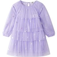 安奈儿（Annil）女童长袖连衣裙款浪漫网纱公主裙毛绒内里裙 紫调花 130 
