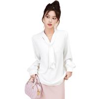 春秋职业衬衫女气质优雅时尚V领飘带宽松舒适纯色打底衬衫女