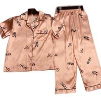 女士春夏季短袖长裤冰丝睡衣女夏薄款家居服丝绸开衫大码两件套装