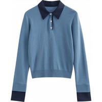 初语知识分子穿搭撞色针织衫女2025年蓝色修身短款套头衫毛织上衣 蓝色 S