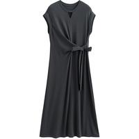 初语高级感碳灰色连衣裙女2025夏季翻边连袖绑带设计T恤裙 碳灰色 XL