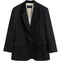 初语一手长缎面西装外套女2025年春季开叉高级感西服通勤上衣 墨黑色 M