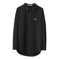 AMII翻领落肩袖字母布标中长衬衫女韩式叠穿衬衣上衣 黑色 155/80A/S