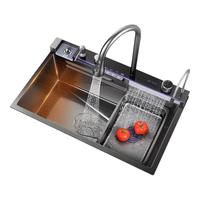 JOMOW厨房水槽大单槽鲸鱼瀑布飞雨数显304不锈钢蜂窝厚4MM洗菜盆一体盆 枪灰68*45鲸鱼套餐-右下水/4MM厚