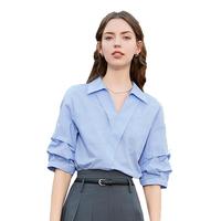 betu百图设计感五分短袖V领衬衫女2024年夏季薄款高级感衬衣